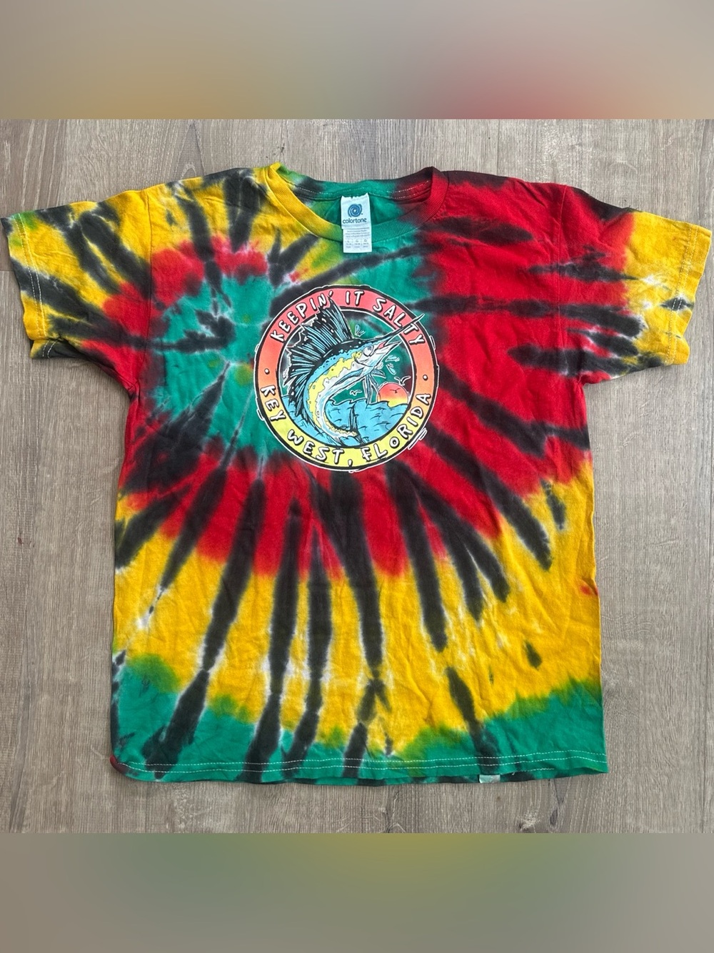 Keepin' It Salty Tie-Dye Marlin Tee - Yellow/Red/Green - Kids